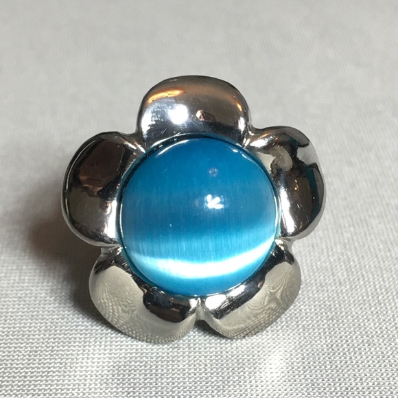 BLUE STONE FLOWER STEEL RING - Picture 2 of 3